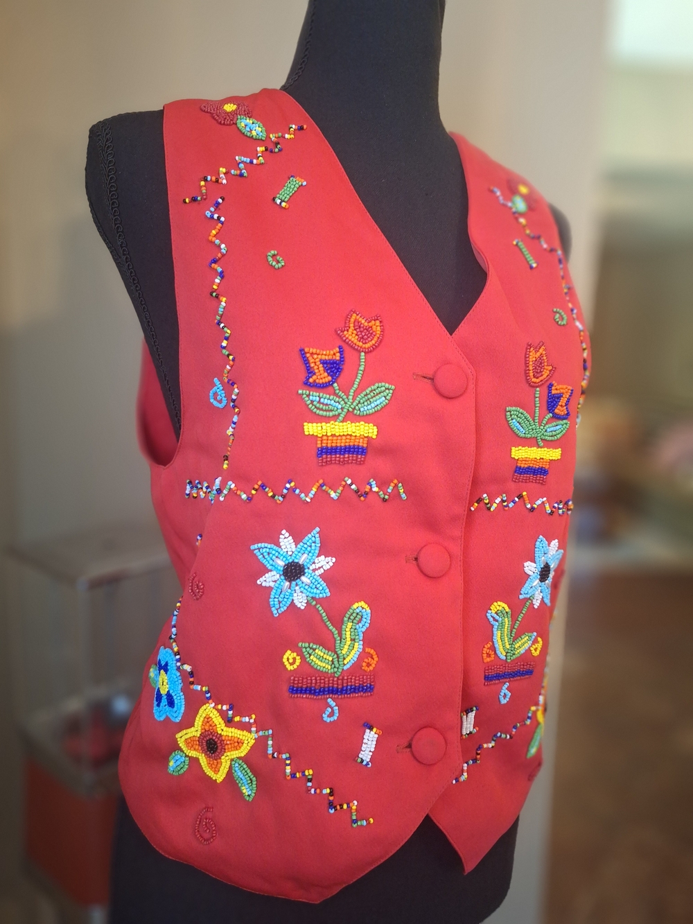Retro Vintage Red Beaded Women's Colorful Floral Vest S